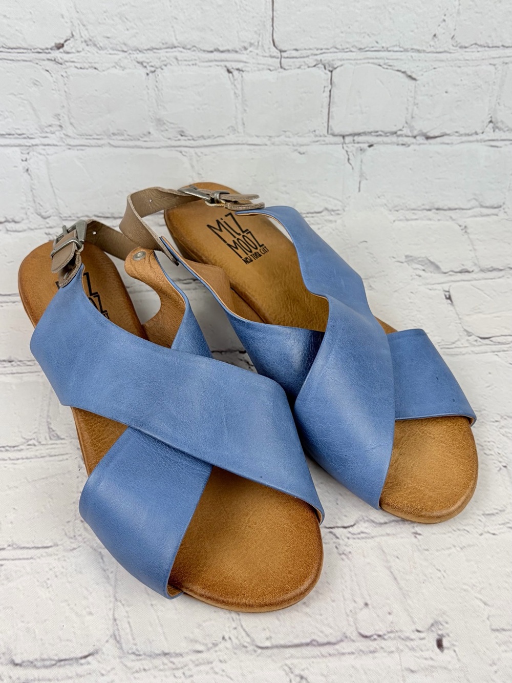 Miz Mooz Anya Blue Leather Crisscross Slingback Sandals Size 7.5 (38) Boho